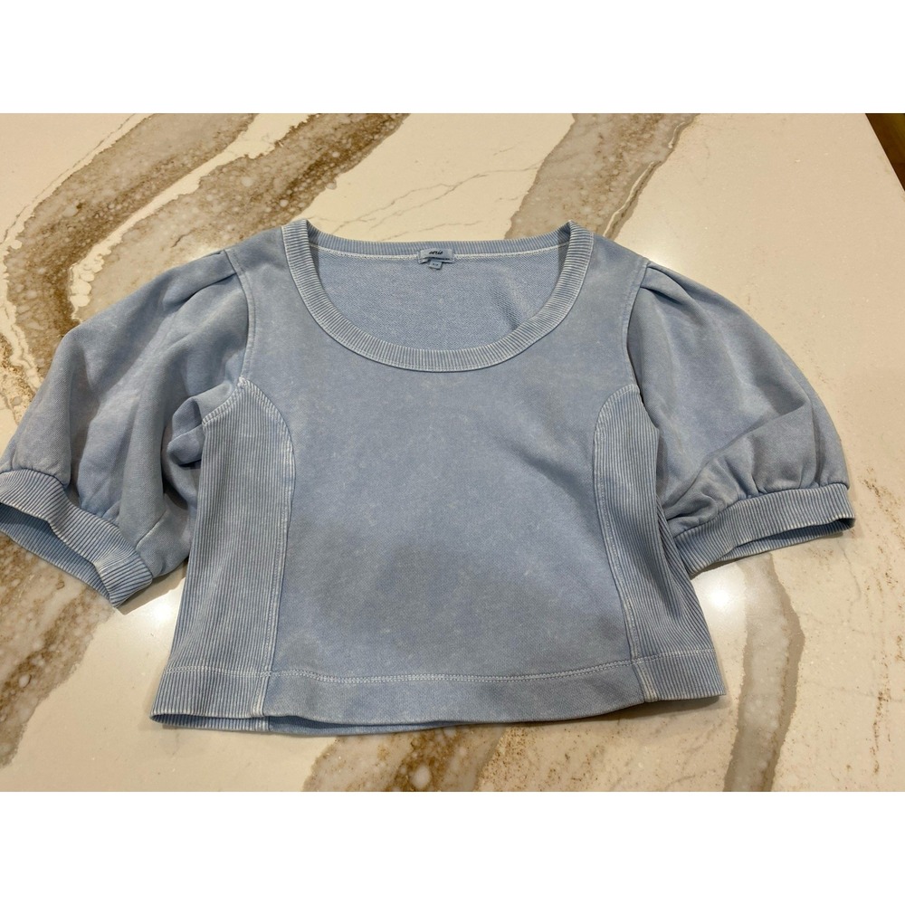 Aerie Seams Right Puff Short Sleeve Cropped Sweatshirt Light Blue Mineral Wash S